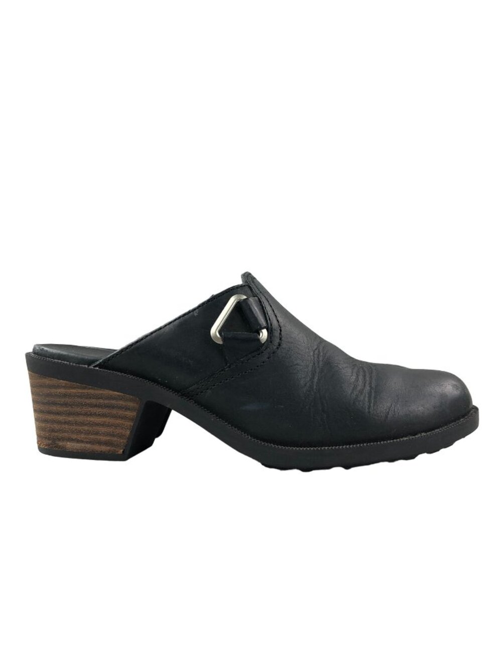 Teva Women's Size 6.5 Foxy Black Leather Closed Toe Block Heel Clogs Mules FLAW